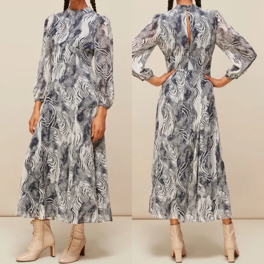 Whistles Multicolour Flowing Tiger Joan Midi Dress Chiffon Navy Blue Long Sleeve